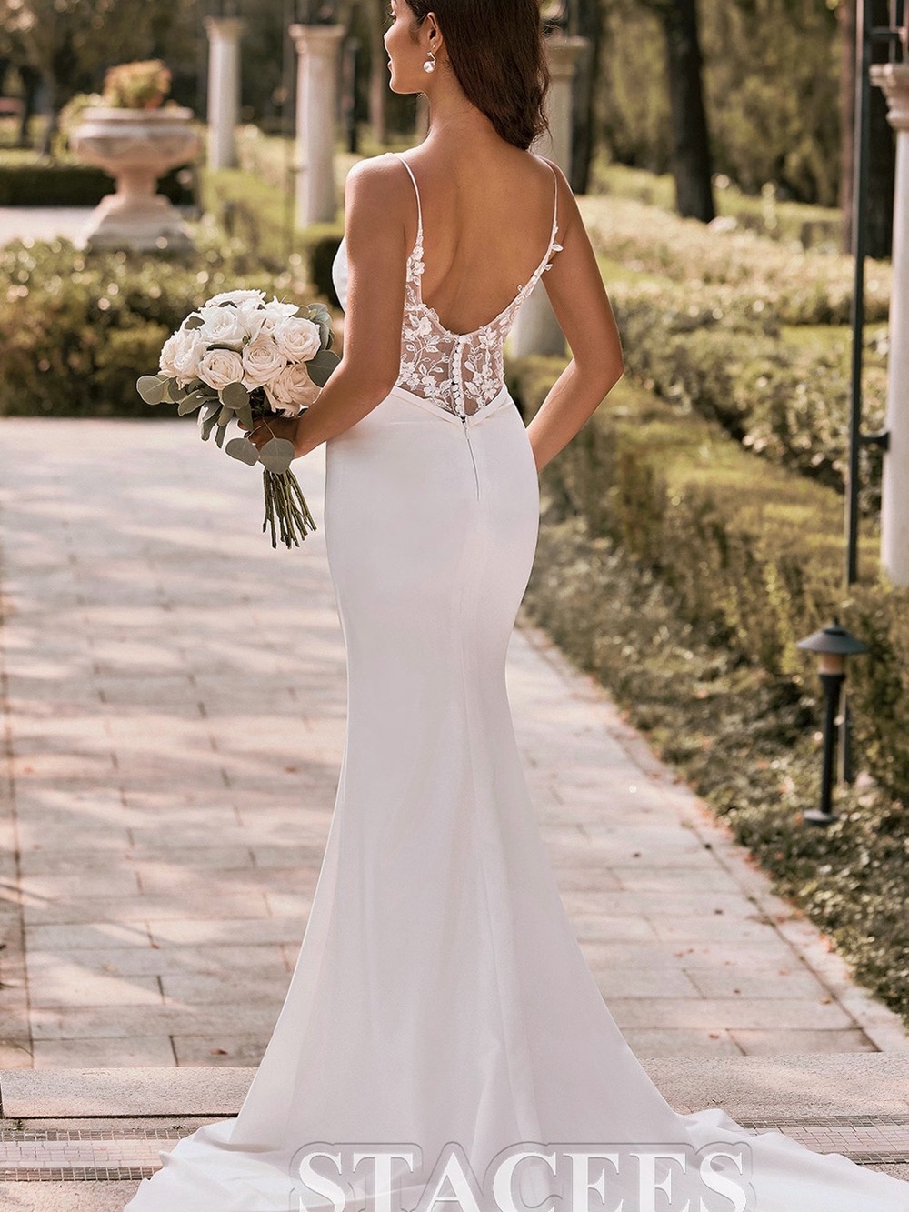 Stacees brand new White V-Neck Fitted Wedding Dress - Picture 2 of 7